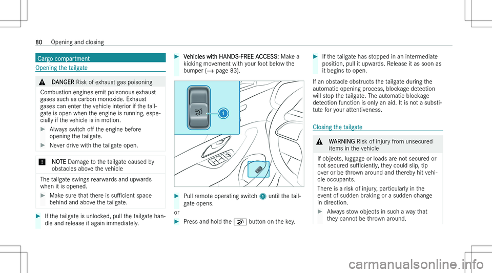 MERCEDES-BENZ GLE COUPE 2023  Owners Manual �C�a�r�g�o� �c�o�m�p�a�r�t�m�e�n�t
�O�p�e�n�i�n�g� �t�h�e� �t�a�i�l�g�a�t�e
�&�D�A�N�G�E�R� �R�i�s�k� �o�f� �e�x�h�a�u�s�t� �g�a�s� �p�o�i�s�o�n�i�n�g
�C�o�m�b�u�s�t�i�o�n� �e�n�g�i�n�e�s� �e�m�i�t� �