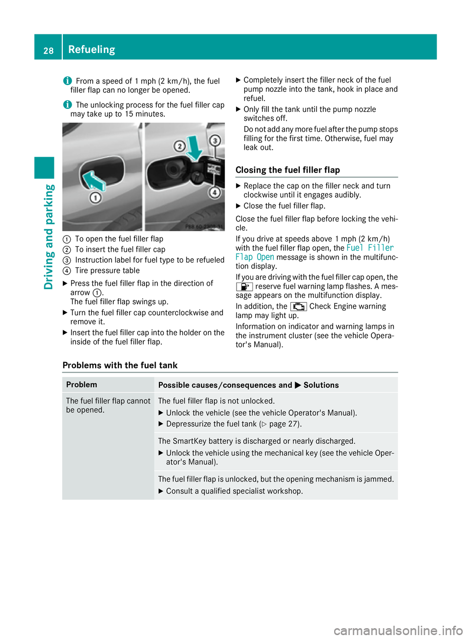 MERCEDES-BENZ GLE HYBRID 2017  Owners Manual i From a speed of 1 mph (2 km/h), the fuel
filler flap can no longer be opened.
i The unlocking process for the fuel filler cap
may take up to 15 minutes.
�C
To open the fuel filler flap�D
To insert t