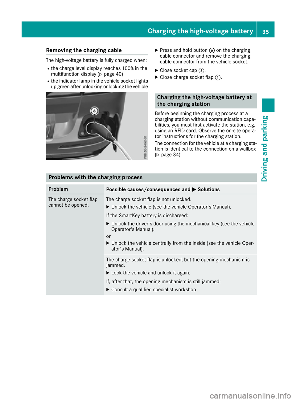 MERCEDES-BENZ GLE HYBRID 2017  Owners Manual Removing the charging cable The high-voltage battery is fully charged when: R
the charge level display reaches 100% in the
multifunction display ( Y
page 40)R
the indicator lamp in the vehicle socket 