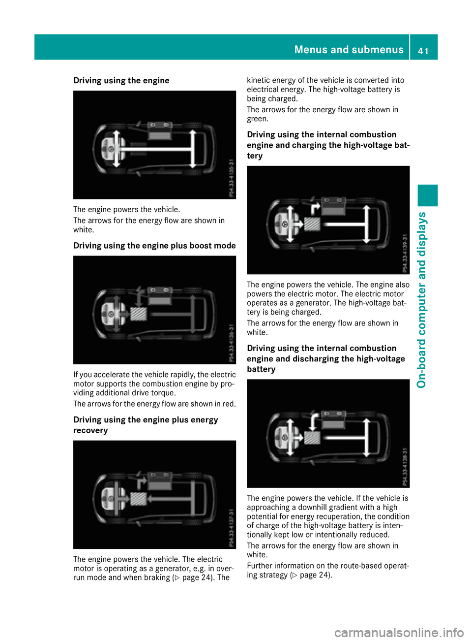 MERCEDES-BENZ GLE HYBRID 2017  Owners Manual Driving using th e engin e
The engin e powers th e vehicle.
The arrows fo r th e energ y flo w are shown in
white.
Driving using th e engin e plus boost mode
If you accelerate th e vehicl e rapidly, t
