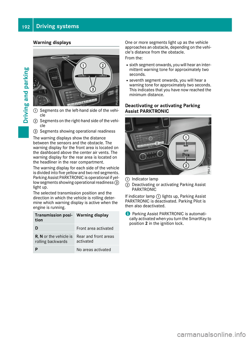 MERCEDES-BENZ GLS 2017  Owners Manual Warning displays
�C
Segments on the left-hand side of the vehi-
cle�D
Segments on the right-hand side of the vehi-
cle�