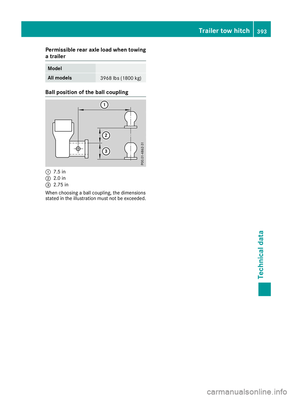 MERCEDES-BENZ GLS 2019  Owners Manual Permissible rear axle load when towing
a trailer Model
All models
3968 lbs (1800 kg)
Ball position of the ball coupling
0043
7.5 in
0044 2.0 in
0087 2.75 in
When choosing a ball coupling, the dimensio
