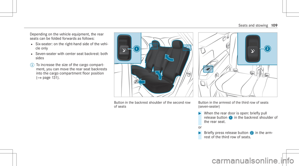 MERCEDES-BENZ GLS 2020  Owners Manual Dep
endingontheve hicle equipment, there ar
seat scan befolded forw ards asfollo ws :
R Six-se ater :on theright- hand sideoftheve hi‐
cle only
R Seven-sea terwit hcent erseat backres t:bo th
sides
