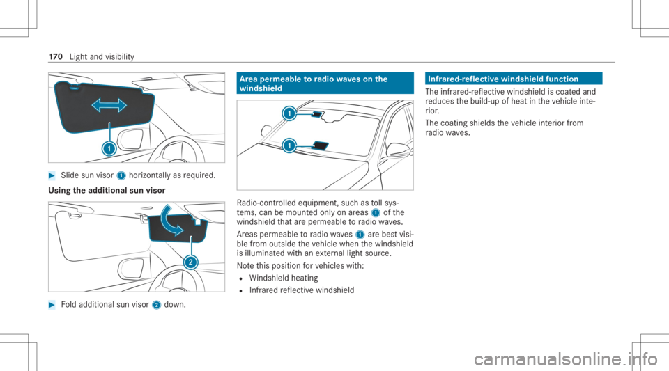 MERCEDES-BENZ GLS 2020  Owners Manual #
Slide sunvis or1 horizont ally as requ ired.
Using thead dit ional sunvisor #
Foldaddition alsun visor 2down. Ar
ea per mea bletoradio wav eson the
wind shield Ra
dio-co ntro lled equipmen t,suc has