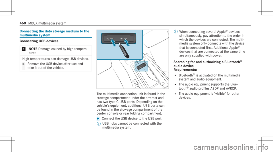 MERCEDES-BENZ GLS 2020  Owners Manual Connect
ingtheda ta sto rage medi umtothe
mu ltim edia system Connecti
ngUSB devices
* NO
TEDama gecau sed byhigh temp era‐
tur es High
temp eratur escan damag eUSB devices. #
Remo vetheUSB device a