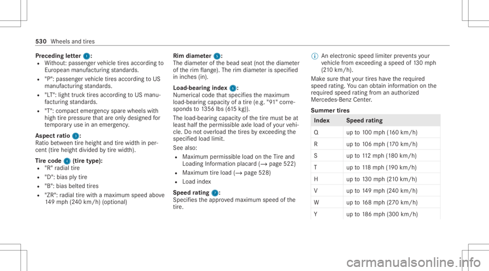 MERCEDES-BENZ GLS 2020  Owners Manual Pr
eceding letter 1 1:
R Without :passeng ervehicle tires accor dingto
Eur opeanma nuf actu ring standar ds.
R "P": passe nger vehicle tires accor dingtoUS
manuf acturingstandar ds.
R "LT&