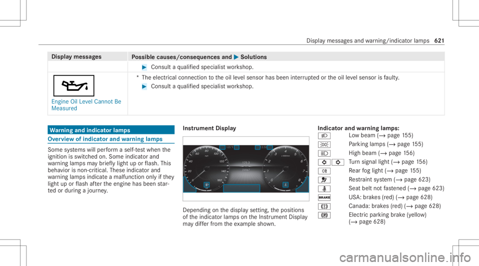 MERCEDES-BENZ GLS 2020  Owners Manual Disp
laymes sages
Possible causes/conseq uencesand0050 0050
Solutions #
Consult aqu alif ied spec ialistwo rkshop.
00B3 Engine OilLevel Cannot Be
Measured *T
heelectr icalconn ection totheoil leve lse