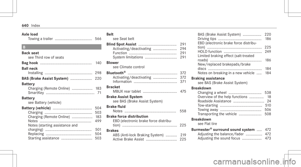 MERCEDES-BENZ GLS 2020  Owners Manual Axle
load
To wing atrailer .............................. ...... 566 B
Ba ck seat
see Thirdrow ofseats
Bag hook ............... ................................... 140
Ball neck
Ins talling ..........