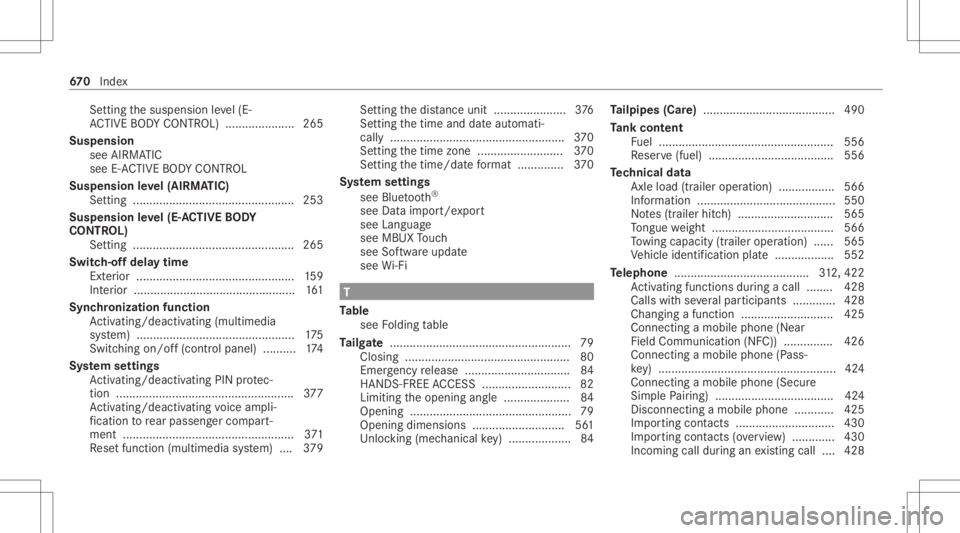 MERCEDES-BENZ GLS 2020  Owners Manual Se
tting thesuspension leve l(E-
AC TIVE BODY CONTR OL) .....................2 65
Suspen sion
see AIRMA TIC
see E-AC TIVE BODY CONTR OL
Suspensio nleve l(AIRMA TIC)
Se tting ................ .........
