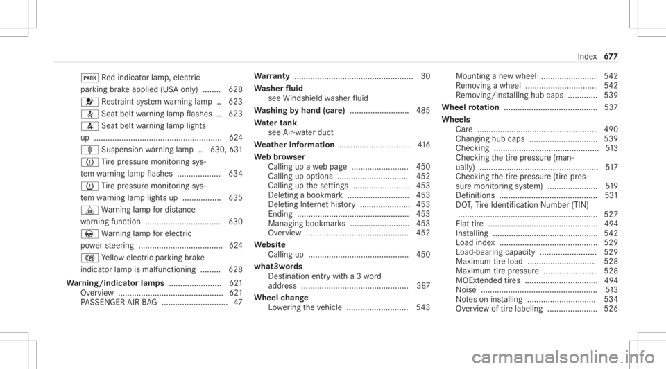 MERCEDES-BENZ GLS 2020  Owners Manual 0049
Redindicat orlam p,elect ric
par kingbr ak eapplied (USAonl y)........ 628
0075 Restra int system warning lam p.. 623
0076 Seatbeltwarning lam pflashes ..623
0076 Seatbeltwarning lam plight s
up 