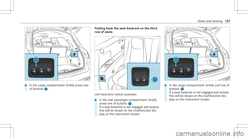 MERCEDES-BENZ GLS 2021  Owners Manual #
Inthecar gocom partmen t:br ief lypress one
of butt ons 1. Fo
lding backth eseat backres ton theth ird
ro w of sea ts Lef
t-han d-dr ive ve hicle (exa mp le) #
Inthere ar passe nger com partment :br