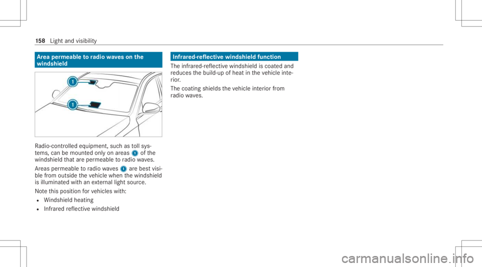 MERCEDES-BENZ GLS 2021  Owners Manual Ar
ea per mea bletoradio wav eson the
wind shield Ra
dio-co ntro lled equipmen t,suc has tollsy s‐
te ms, can bemount edonly onareas 1ofthe
winds hieldthat areper meabl eto radio wav es.
Ar eas perm