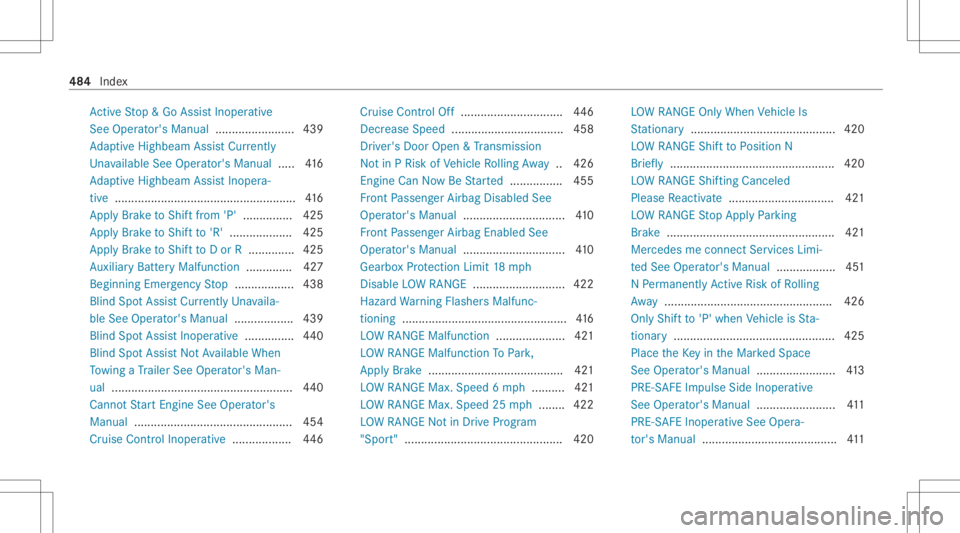 MERCEDES-BENZ GLS 2021 Owners Manual Ac
tiveSt op &Go Assis tInoper ative
See Oper ator's Manual ........................ 439
Ad aptiveHig hbeam Assis tCur rently
Un available SeeOper ator' sMan ual.....4 16
Ad aptiveHig hbeam As MERCEDES-BENZ GLS 2021 Owners Manual Ac
tiveSt op &Go Assis tInoper ative
See Oper ator's Manual ........................ 439
Ad aptiveHig hbeam Assis tCur rently
Un available SeeOper ator' sMan ual.....4 16
Ad aptiveHig hbeam As