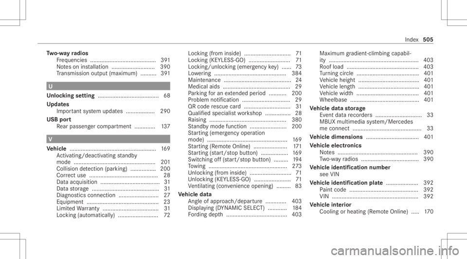 MERCEDES-BENZ GLS 2021 Owners Manual Tw
o-w ayradio s
Fr eq uencies ......................................... 391
No teson installation ...........................3 90
Tr ans miss ionoutput (max imum ).......... 391 U
Un loc king setting MERCEDES-BENZ GLS 2021 Owners Manual Tw
o-w ayradio s
Fr eq uencies ......................................... 391
No teson installation ...........................3 90
Tr ans miss ionoutput (max imum ).......... 391 U
Un loc king setting