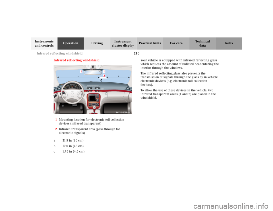 MERCEDES-BENZ S CLASS 2000  Owners Manual 210 Infrared reflecting windshield
Te ch n ica l
data Instruments 
and controlsOperationDrivingInstrument 
cluster displayPractical hints Car care Index
Infrared reflecting windshield
1Mounting locati