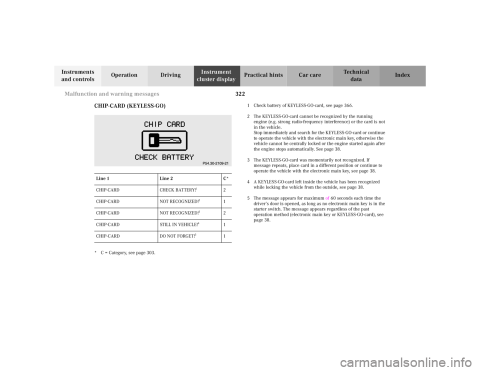 MERCEDES-BENZ S CLASS 2000  Owners Manual 322 Malfunction and warning messages
Te ch n ica l
data Instruments 
and controlsOperation DrivingInstrument 
cluster displayPractical hints Car care Index
CHIP-CARD (KEYLESS-GO)
* C = Category, see p