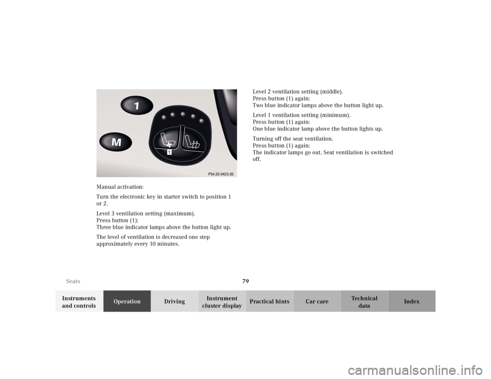 MERCEDES-BENZ S CLASS 2000  Owners Manual 79 Seats
Te ch n ica l
data Instruments 
and controlsOperationDrivingInstrument 
cluster displayPractical hints Car care Index Manual activation:
Turn the electronic key in starter switch to position 