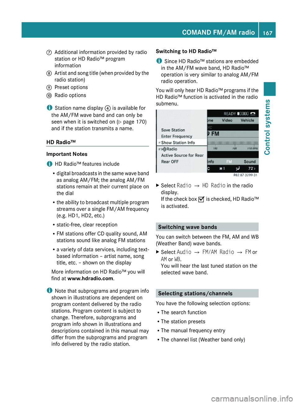 MERCEDES-BENZ S CLASS 2010  Owners Manual \000nAdditional information provided by radio
station or HD Radio™ program
information
\000oArtist and song title (when provided by the
radio station)
\000pPreset options\000qRadio options
iStation 