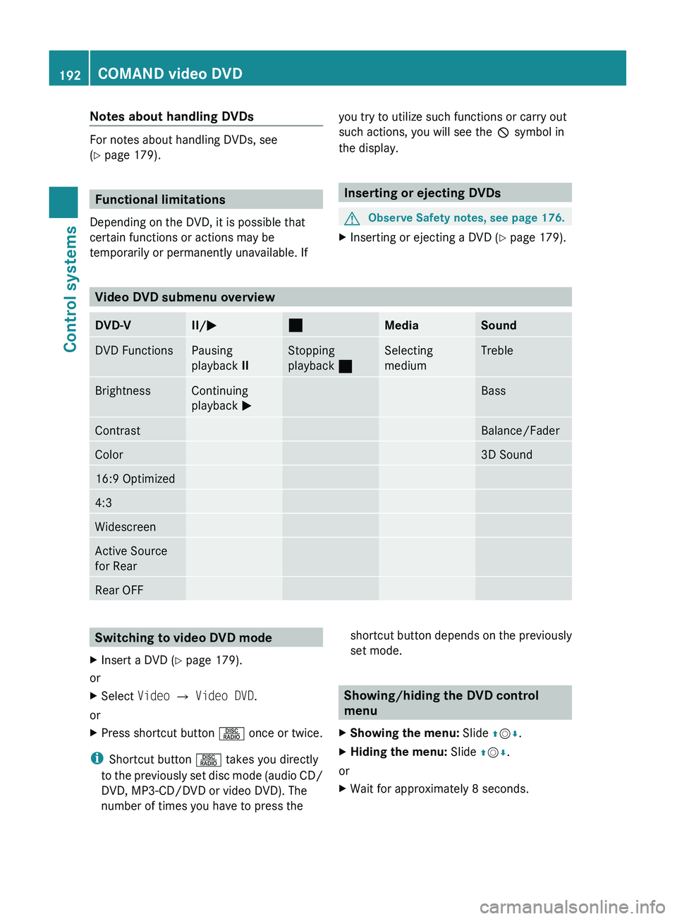 MERCEDES-BENZ S CLASS 2010 Owners Manual Notes about handling DVDs
For notes about handling DVDs, see
( Y page 179).
Functional limitations
Depending on the DVD, it is possible that
certain functions or actions may be
temporarily or permane MERCEDES-BENZ S CLASS 2010 Owners Manual Notes about handling DVDs
For notes about handling DVDs, see
( Y page 179).
Functional limitations
Depending on the DVD, it is possible that
certain functions or actions may be
temporarily or permane