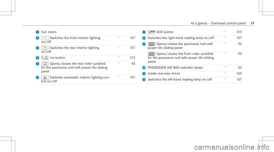 MERCEDES-BENZ S CLASS 2022  Owners Manual 1
Sun visors
2 004A Switches thefront interior lighting
on/ off →
157
3 0042 Switches there ar interior light ing
on /of f →
157
4 ; mebutt on →
313
5 D Opens/closes there ar roller sunblin d
fo