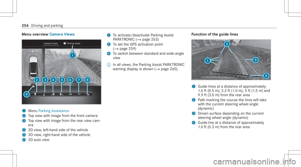 MERCEDES-BENZ S CLASS 2022  Owners Manual Menu
overview Camer aViews 1
Menu Parkin gAss istan ce
2 Topvie wwit himag efrom thefront camer a
3 Topvie wwit himag efrom there ar vie wcam ‐
er a
4 3Dview, left-hand sideoftheve hicle
5 3Dview, r