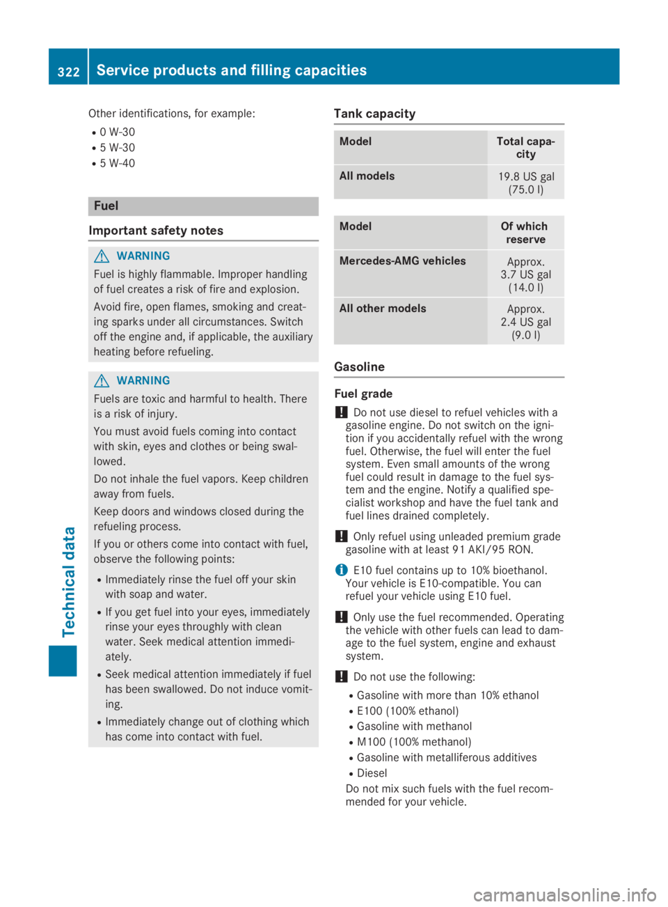 MERCEDES-BENZ SL CLASS 2019 Owners Manual Other identifications, for example:
R0 W-30
R5 W-30
R5 W-40
Fuel
Important safety notes
GWARNING
Fuel is highly flammable. Improper handling
of fuel creates a risk of fire and explosion.
Avoid fire, o MERCEDES-BENZ SL CLASS 2019 Owners Manual Other identifications, for example:
R0 W-30
R5 W-30
R5 W-40
Fuel
Important safety notes
GWARNING
Fuel is highly flammable. Improper handling
of fuel creates a risk of fire and explosion.
Avoid fire, o