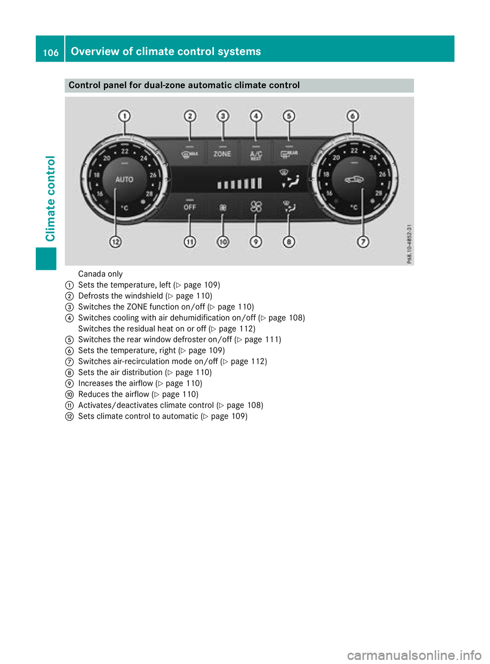 MERCEDES-BENZ SLC 2018  Owners Manual Control panel for dual-zone automatic climat ec ontrol
Canad ao nl y�C
Set st he temperature, left ( Y
page 109)�D
Defrost st he windshield ( Y
page 110)�