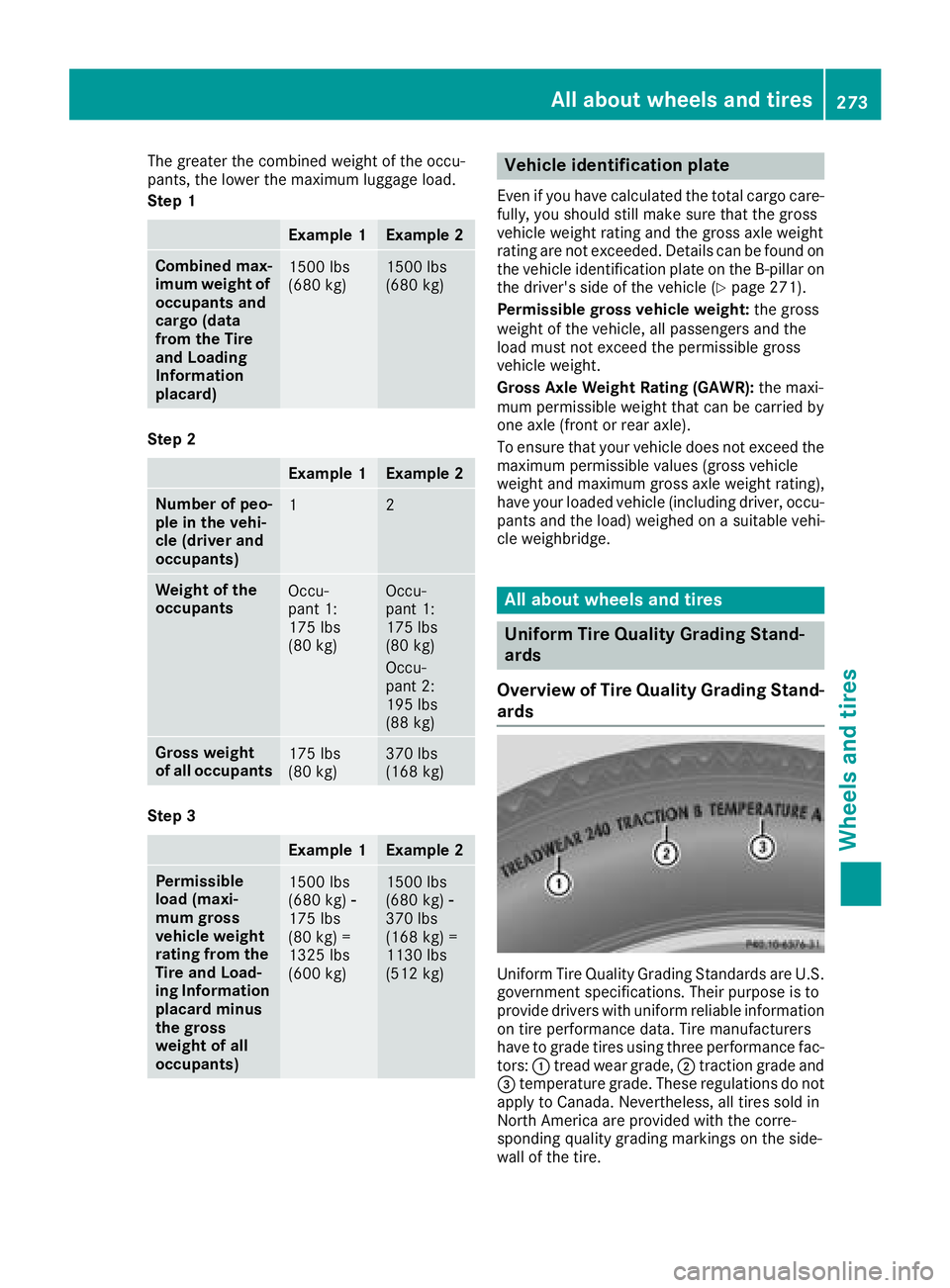 MERCEDES-BENZ SLC 2018  Owners Manual The greater the combined weight of the occu-
pants, the lower the maximum luggage load.
Step 1
Example 1 Example 2
Combined max-
imum weight of
occupants and
cargo (data
from the Tire
and Loading
Info