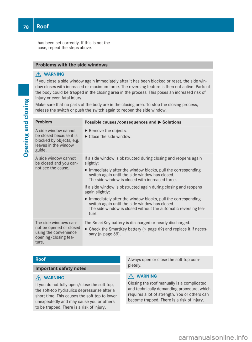 MERCEDES-BENZ SLC 2019  Owners Manual has been set correctly. If this is not thecase, repeat the steps above.
Problems with the side windows
GWARNING
If you close a side window again immediately after it has been blocked or reset, the sid