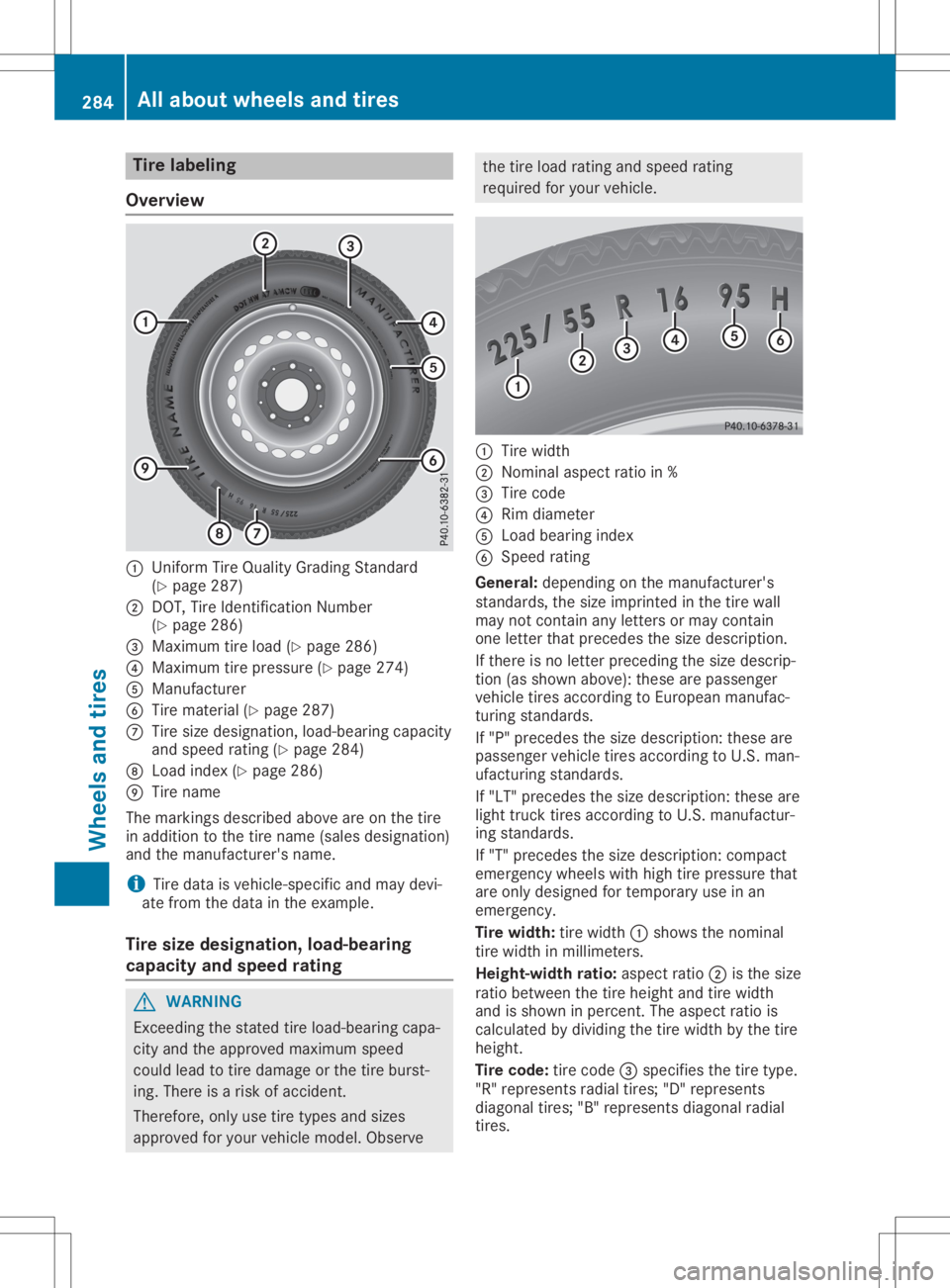 MERCEDES-BENZ SLC 2020 Owners Manual Tire
labelin g
Ov erv iew 0043
UniformT ireQ ualityG radin gS tand ard
(Y page 287 )
0044 DOT, Tire Ide ntifi cationNumbe r
(Y page 286)
0087 Maxim um tire load (Ypage 286 )
0085 Maxim um tire pressu MERCEDES-BENZ SLC 2020 Owners Manual Tire
labelin g
Ov erv iew 0043
UniformT ireQ ualityG radin gS tand ard
(Y page 287 )
0044 DOT, Tire Ide ntifi cationNumbe r
(Y page 286)
0087 Maxim um tire load (Ypage 286 )
0085 Maxim um tire pressu