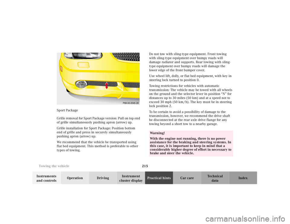 MERCEDES-BENZ SLK CLASS 2000  Owners Manual 215 Towing the vehicle
Te ch n ica l
data Instruments 
and controlsOperation DrivingInstrument 
cluster displayPractical hintsCar care Index Sport Package
G r il l e  re m ova l  f or  S p or t  Pa ck