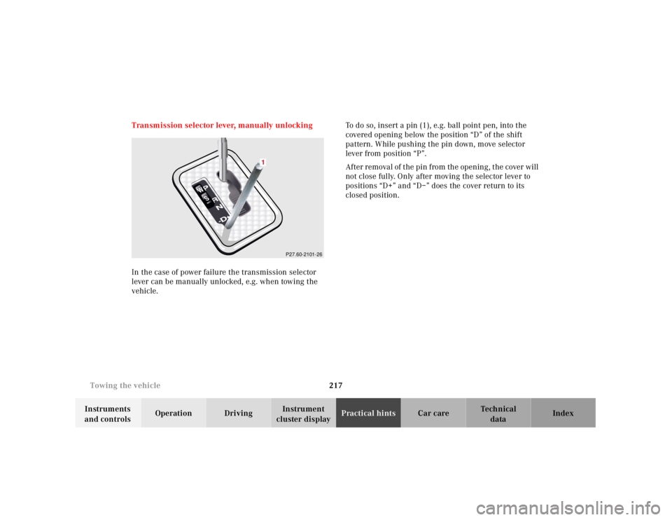 MERCEDES-BENZ SLK CLASS 2000  Owners Manual 217 Towing the vehicle
Te ch n ica l
data Instruments 
and controlsOperation DrivingInstrument 
cluster displayPractical hintsCar care Index Transmission selector lever, manually unlocking
In the case