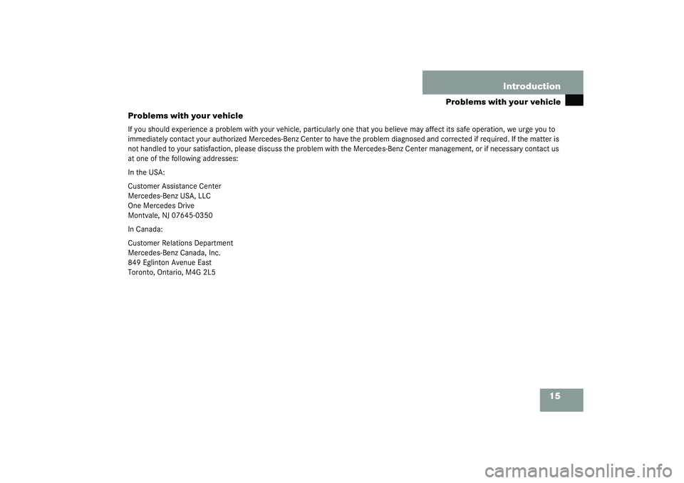 MERCEDES-BENZ SLK CLASS 2003  Owners Manual 15 Introduction
Problems with your vehicle
Problems with your vehicle
If you should experience a problem with your vehicle, particularly one that you believe may affect its safe operation, we urge you