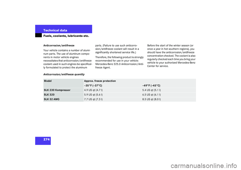 MERCEDES-BENZ SLK CLASS 2003  Owners Manual 274 Technical dataFuels, coolants, lubricants etc.Anticorrosion/antifreeze
Your vehicle contains a number of alumi-
num parts. The use of aluminum compo-
nents in motor vehicle engines 
necessitates t
