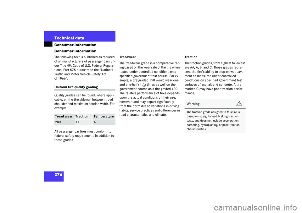 MERCEDES-BENZ SLK CLASS 2003  Owners Manual 276 Technical dataConsumer information
Consumer informationThe following text is published as required 
of all manufacturers of passenger cars un-
der Title 49, Code of U.S. Federal Regula-
tions, Par