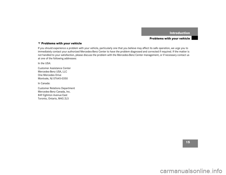 MERCEDES-BENZ SLK CLASS 2004  Owners Manual 15 Introduction
Problems with your vehicle
Problems with your vehicle
If you should experience a problem with your vehicle, particularly one that you believe may affect its safe operation, we urge yo