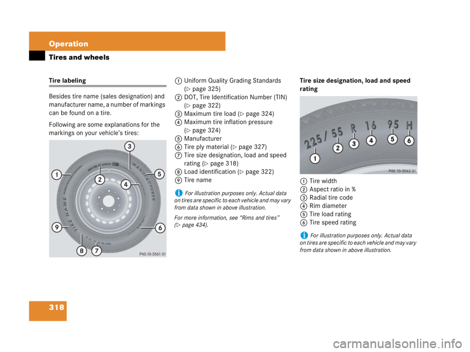 MERCEDES-BENZ SLK CLASS 2007 Owners Manual 318 Operation
Tires and wheels
Tire labeling
Besides tire name (sales designation) and
manufacturer name, a number of markings
can be found on a tire.
Following are some explanations for the
markin MERCEDES-BENZ SLK CLASS 2007 Owners Manual 318 Operation
Tires and wheels
Tire labeling
Besides tire name (sales designation) and
manufacturer name, a number of markings
can be found on a tire.
Following are some explanations for the
markin
