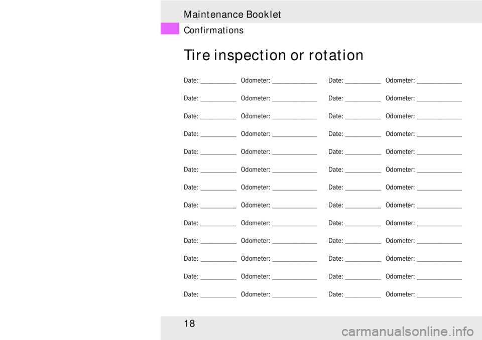 MERCEDES-BENZ SLR CLASS 2008  Owners Manual Maintenance Booklet
18
Confirmations
Tire inspection or rotation
Date: ____________   Odometer: _______________
Date: ____________   Odometer: _______________
Date: ____________   Odometer: __________