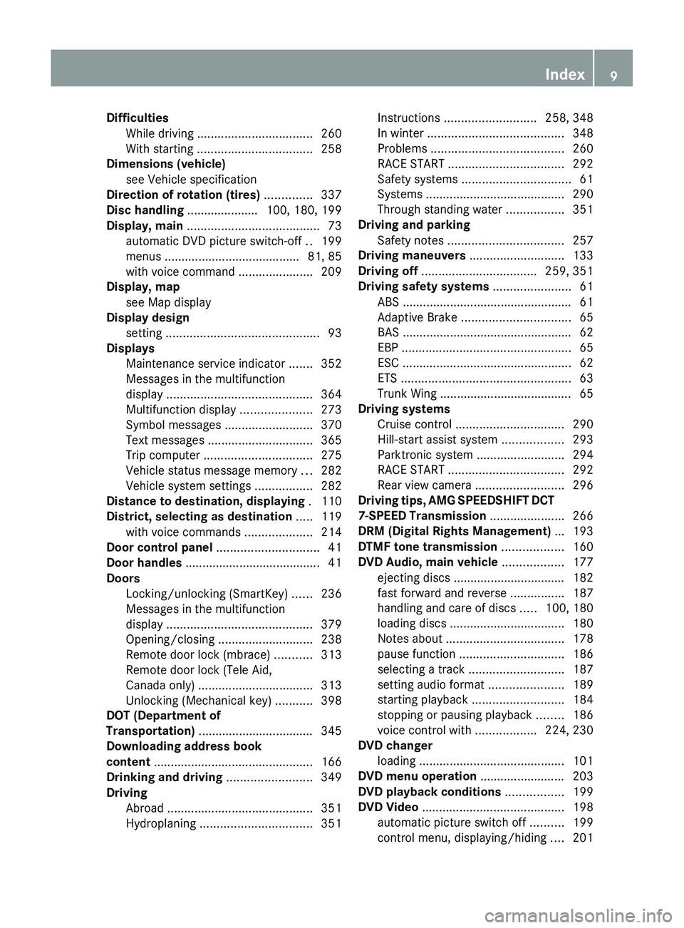 MERCEDES-BENZ SLS AMG 2011 Owners Manual DifficultiesWhile driving .................................. 260
With starting .................................. 258
Dimensions (vehicle)
see Vehicle specification
Directi MERCEDES-BENZ SLS AMG 2011 Owners Manual DifficultiesWhile driving .................................. 260
With starting .................................. 258
Dimensions (vehicle)
see Vehicle specification
Directi