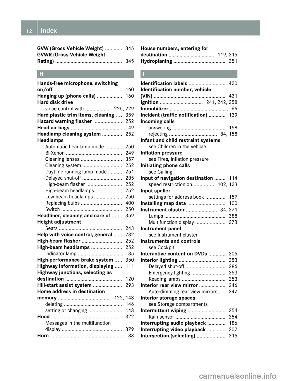 MERCEDES-BENZ SLS AMG 2011 Owners Manual GVW (Gross Vehicle Weight) ............ 345
GVWR (Gross Vehicle Weight
Rating) ................................................ 345
H
Hands-free microphone, switching
on/off ........................ MERCEDES-BENZ SLS AMG 2011 Owners Manual GVW (Gross Vehicle Weight) ............ 345
GVWR (Gross Vehicle Weight
Rating) ................................................ 345
H
Hands-free microphone, switching
on/off ........................