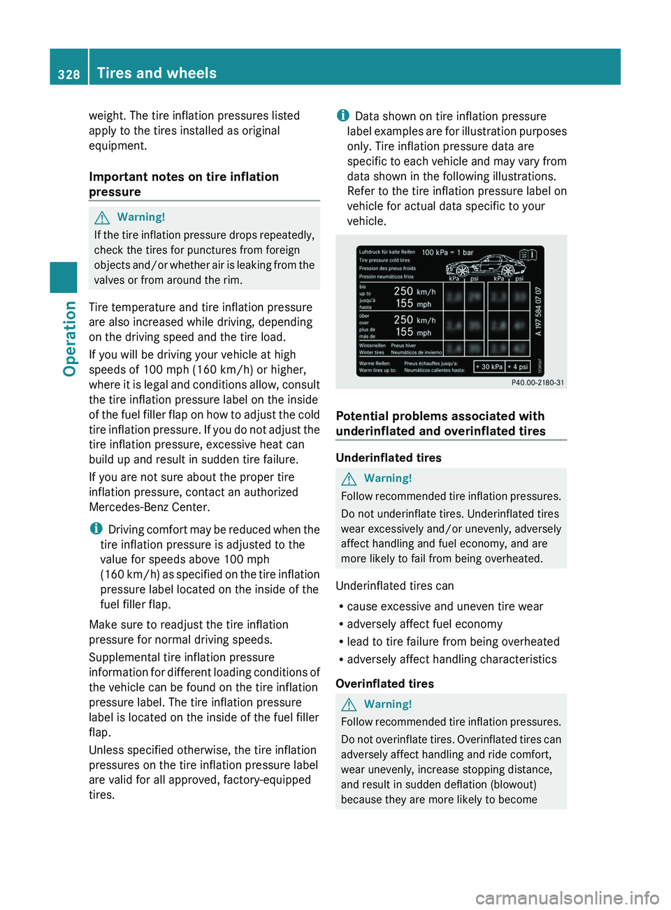 MERCEDES-BENZ SLS AMG 2011 Owners Manual weight. The tire inflation pressures listed
apply to the tires installed as original
equipment.
Important notes on tire inflation
pressure GWarning!
If the tire inflation pressure drops repeatedly,
c MERCEDES-BENZ SLS AMG 2011 Owners Manual weight. The tire inflation pressures listed
apply to the tires installed as original
equipment.
Important notes on tire inflation
pressure GWarning!
If the tire inflation pressure drops repeatedly,
c
