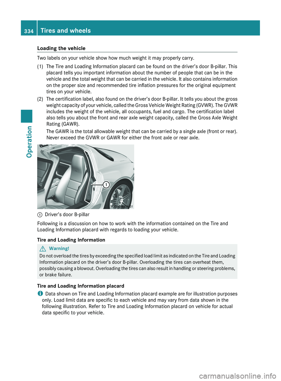 MERCEDES-BENZ SLS AMG 2011 Owners Manual Loading the vehicle
Two labels on your vehicle show how much weight it may properly carry.
(1)The Tire and Loading Information placard can be found on the driver’s door B-pillar. This
placard tells MERCEDES-BENZ SLS AMG 2011 Owners Manual Loading the vehicle
Two labels on your vehicle show how much weight it may properly carry.
(1)The Tire and Loading Information placard can be found on the driver’s door B-pillar. This
placard tells