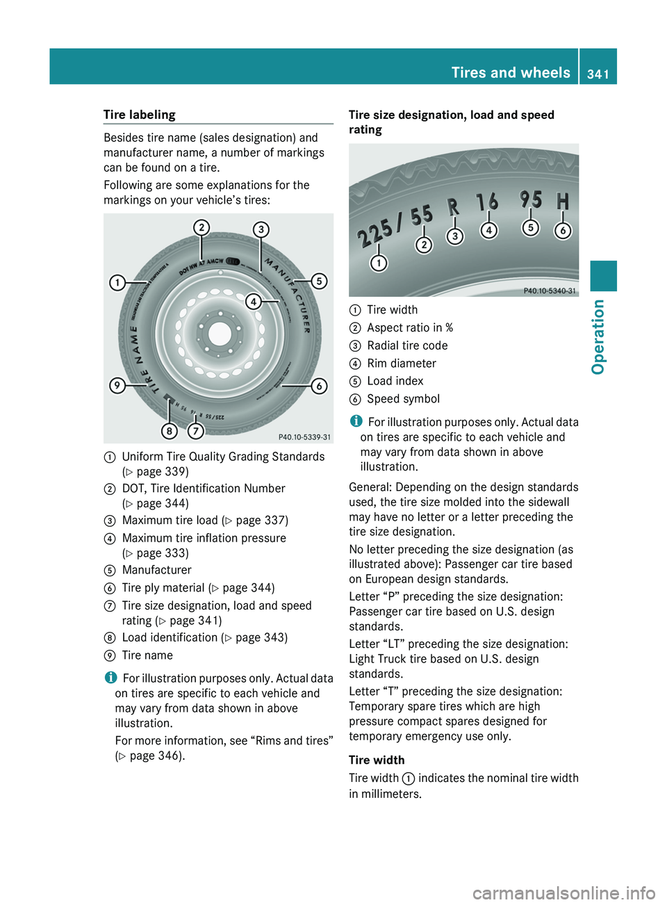 MERCEDES-BENZ SLS AMG 2011 Owners Manual Tire labeling
Besides tire name (sales designation) and
manufacturer name, a number of markings
can be found on a tire.
Following are some explanations for the
markings on your vehicle’s tires:
0046 MERCEDES-BENZ SLS AMG 2011 Owners Manual Tire labeling
Besides tire name (sales designation) and
manufacturer name, a number of markings
can be found on a tire.
Following are some explanations for the
markings on your vehicle’s tires:
0046