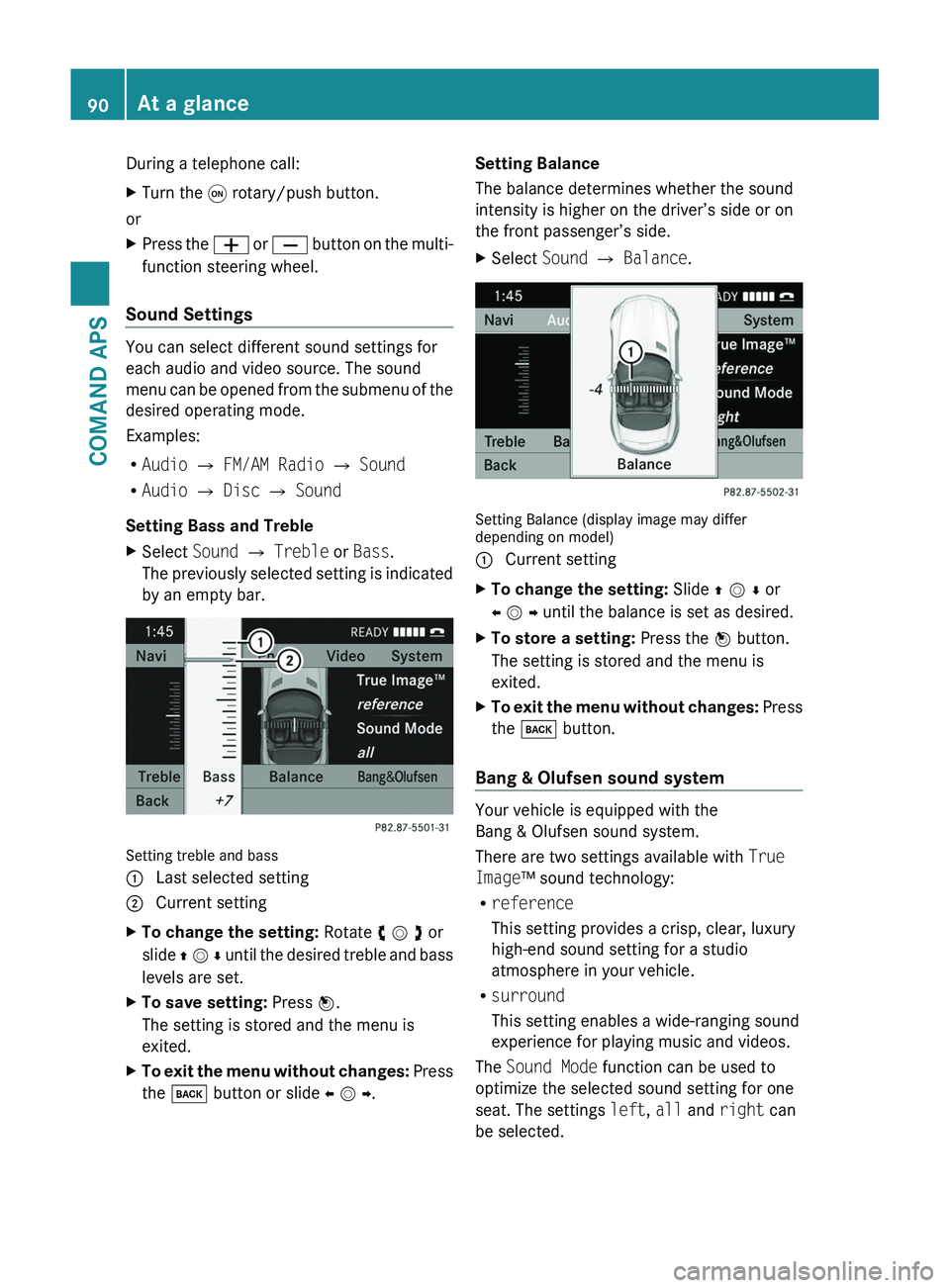 MERCEDES-BENZ SLS AMG 2011 Owners Manual During a telephone call:XTurn the \000C rotary/push button.
or
XPress the \000Z or \000[ button on the multi-
function steering wheel.
Sound Settings
You can select different sound settings for
each a MERCEDES-BENZ SLS AMG 2011 Owners Manual During a telephone call:XTurn the \000C rotary/push button.
or
XPress the \000Z or \000[ button on the multi-
function steering wheel.
Sound Settings
You can select different sound settings for
each a
