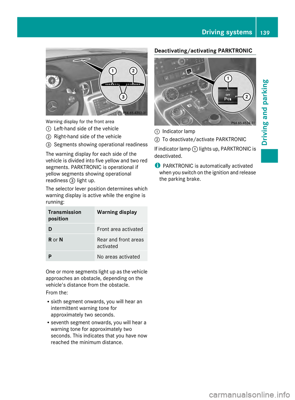 MERCEDES-BENZ SLS AMG 2013  Owners Manual Warning display for the front area
0043
Left-hand side of the vehicle
0044 Right-hand side of the vehicle
0087 Segments showing operational readiness
The warning display for each side of the
vehicle i