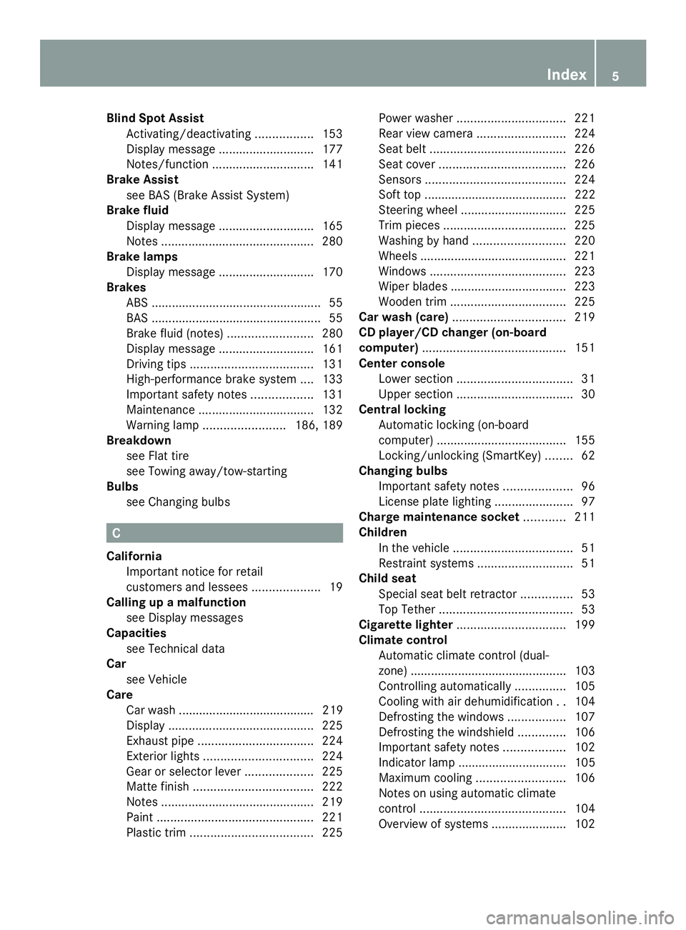 MERCEDES-BENZ SLS AMG 2013  Owners Manual Blind Spot Assist
Activating/deactivating .................153
Display message ............................ 177
Notes/function .............................. 141
Brake Assist
see BAS (Brake Assist Sys