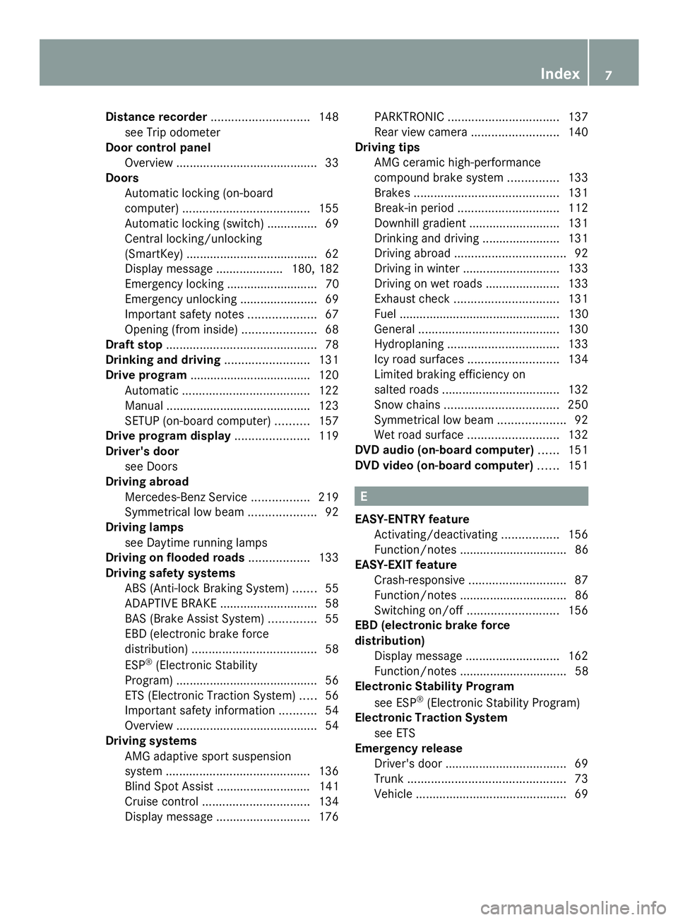 MERCEDES-BENZ SLS AMG 2013  Owners Manual Distance recorder
............................. 148
see Trip odometer
Door control panel
Overview .......................................... 33
Doors
Automatic locking (on-board
computer) ............