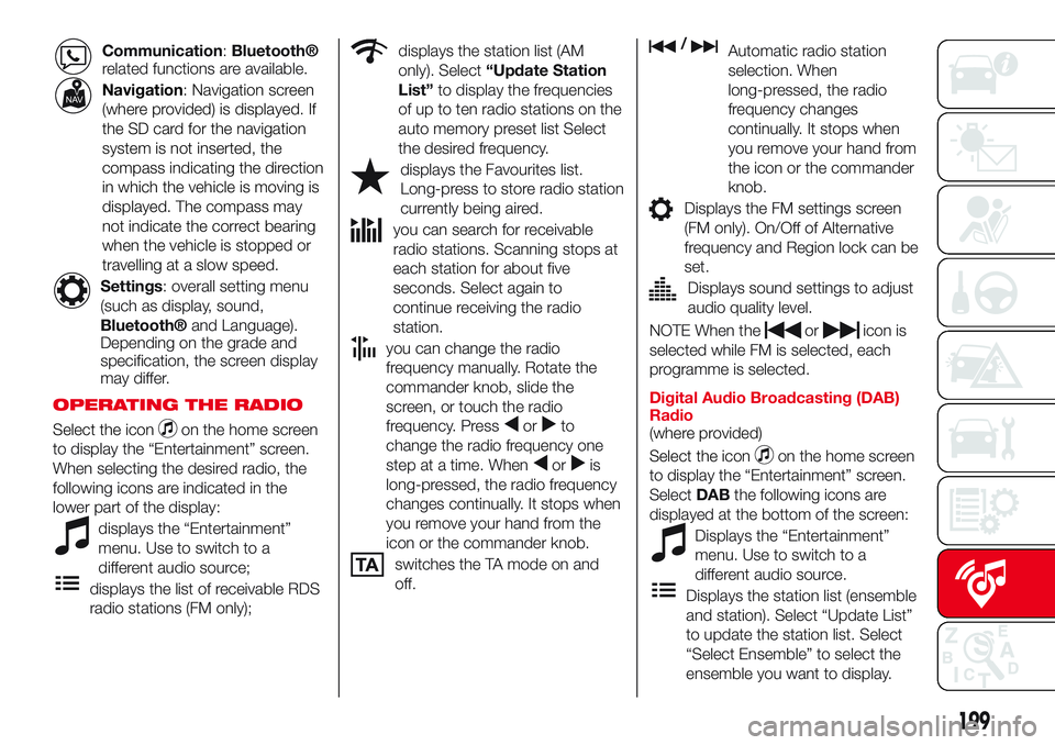 Abarth 124 Spider 2017 Owner handbook (in English) Communication:Bluetooth®
related functions are available.
Navigation: Navigation screen
(where provided) is displayed. If
the SD card for the navigation
system is not inserted, the
compass indicating Abarth 124 Spider 2017 Owner handbook (in English) Communication:Bluetooth®
related functions are available.
Navigation: Navigation screen
(where provided) is displayed. If
the SD card for the navigation
system is not inserted, the
compass indicating