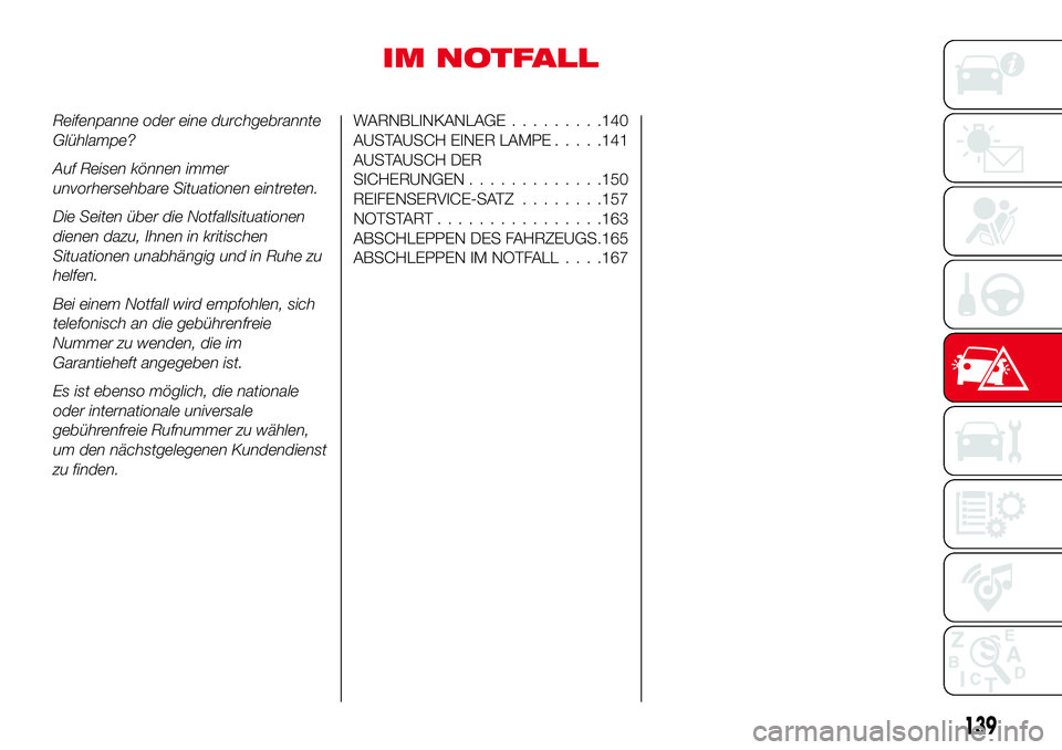 Abarth 124 Spider 2017  Betriebsanleitung (in German) IM NOTFALL
Reifenpanne oder eine durchgebrannte
Glühlampe?
Auf Reisen können immer
unvorhersehbare Situationen eintreten.
Die Seiten über die Notfallsituationen
dienen dazu, Ihnen in kritischen
Sit
