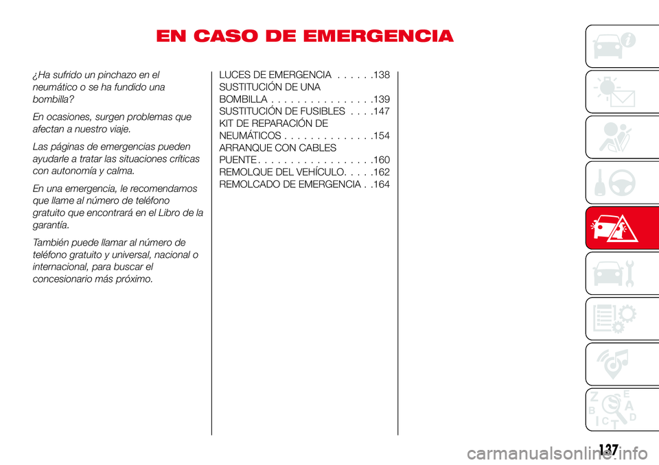 Abarth 124 Spider 2017  Manual de Empleo y Cuidado (in Spanish) EN CASO DE EMERGENCIA
¿Ha sufrido un pinchazo en el
neumático o se ha fundido una
bombilla?
En ocasiones, surgen problemas que
afectan a nuestro viaje.
Las páginas de emergencias pueden
ayudarle a 